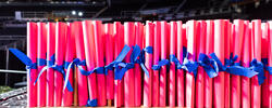 RISD diplomas with blue ribbons tied around them are on a stand, ready to be distributed at Commencement. 